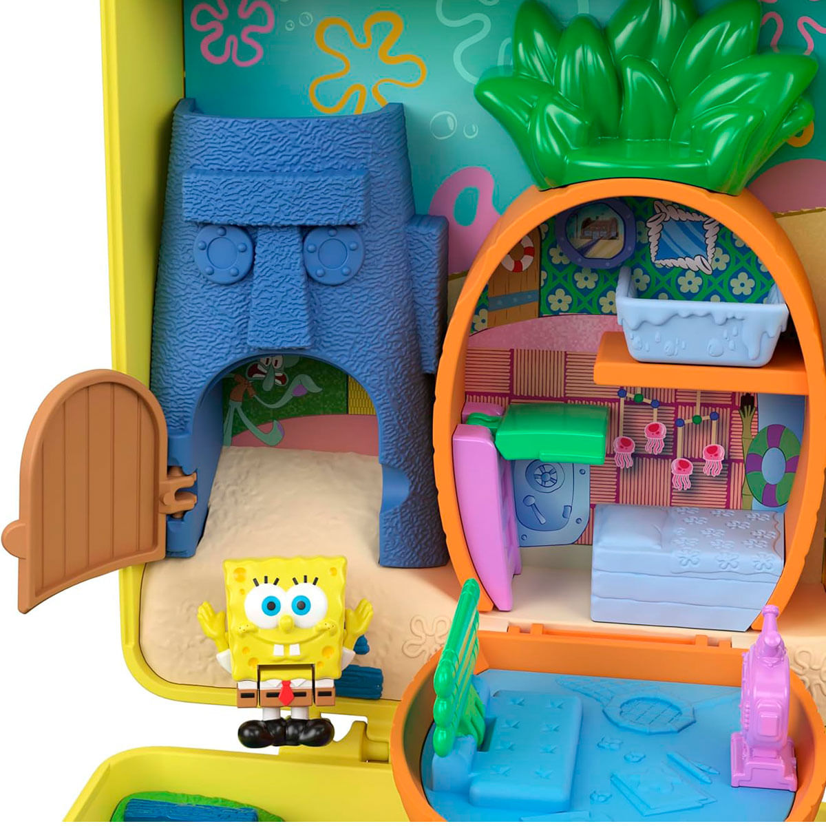 Casa de piña de Bob Esponja con personaje y casa moai de Calamardo.