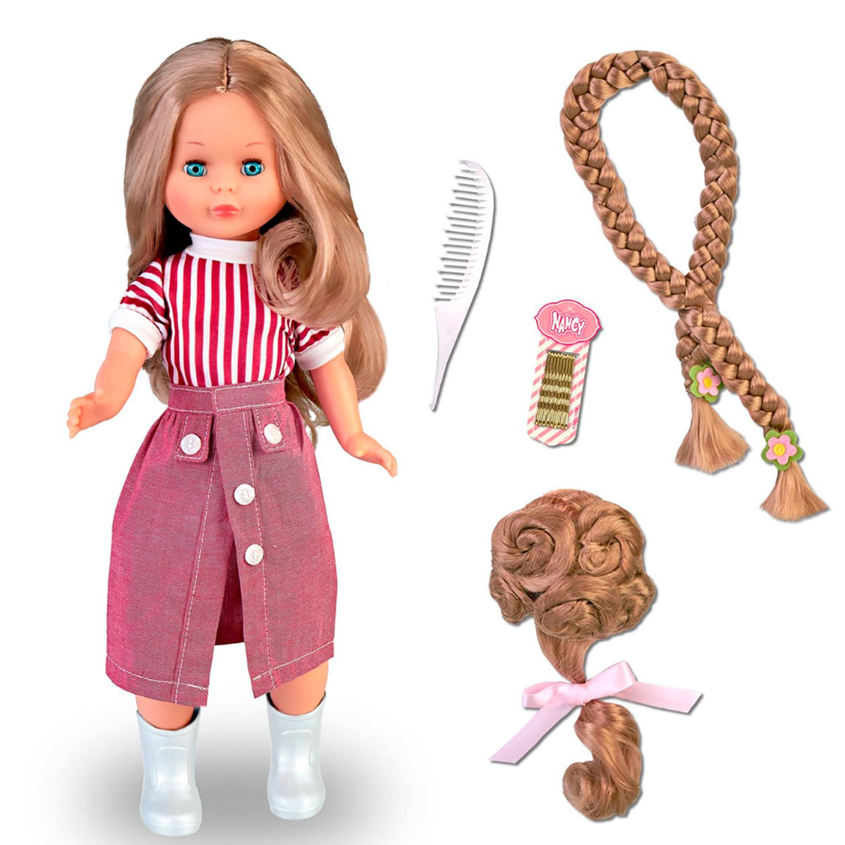 Una muñeca rubia con top de rayas rojas y blancas, falda rosa, botas blancas, peine, horquillas, pelo trenzado.
