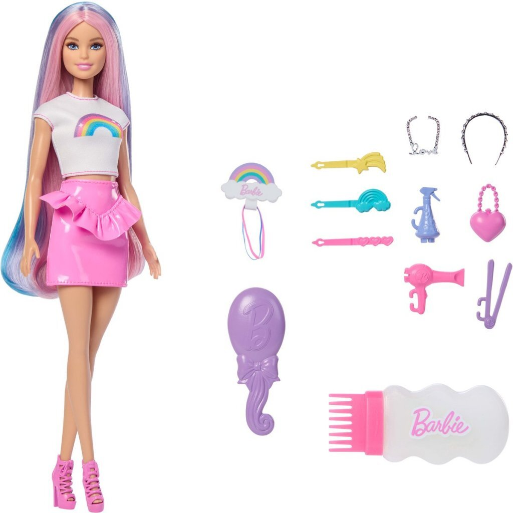 Muñeca Barbie con falda rosa, camiseta arcoíris y pelo de colores. Accesorios: cepillo, plancha, secador.