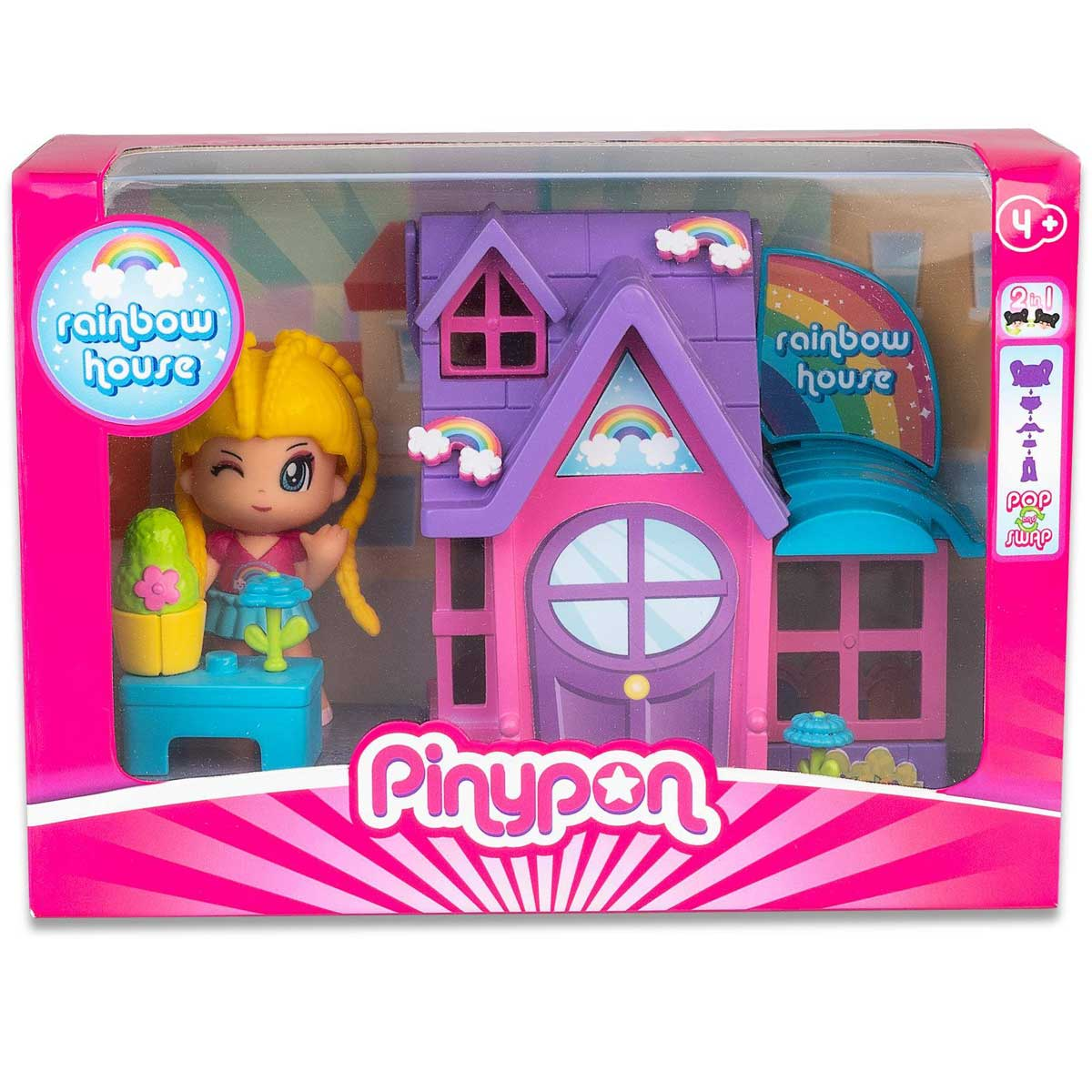 Un set de juguete Pinypon Casa Arcoíris con muñeca y casa.
