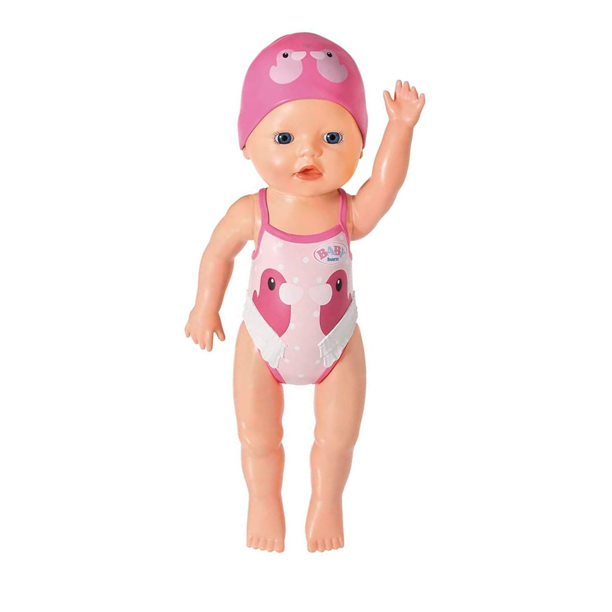 Una muñeca Baby Born con un traje de baño rosa con patos y gorro de natación a juego.