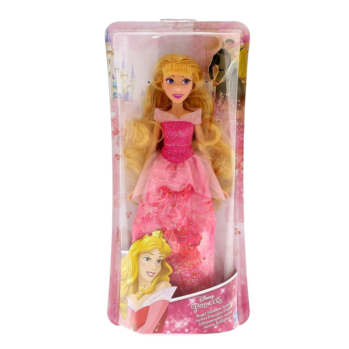 Muñeca Aurora con vestido rosa en caja con fondo de castillo y figura Príncipe Felipe.