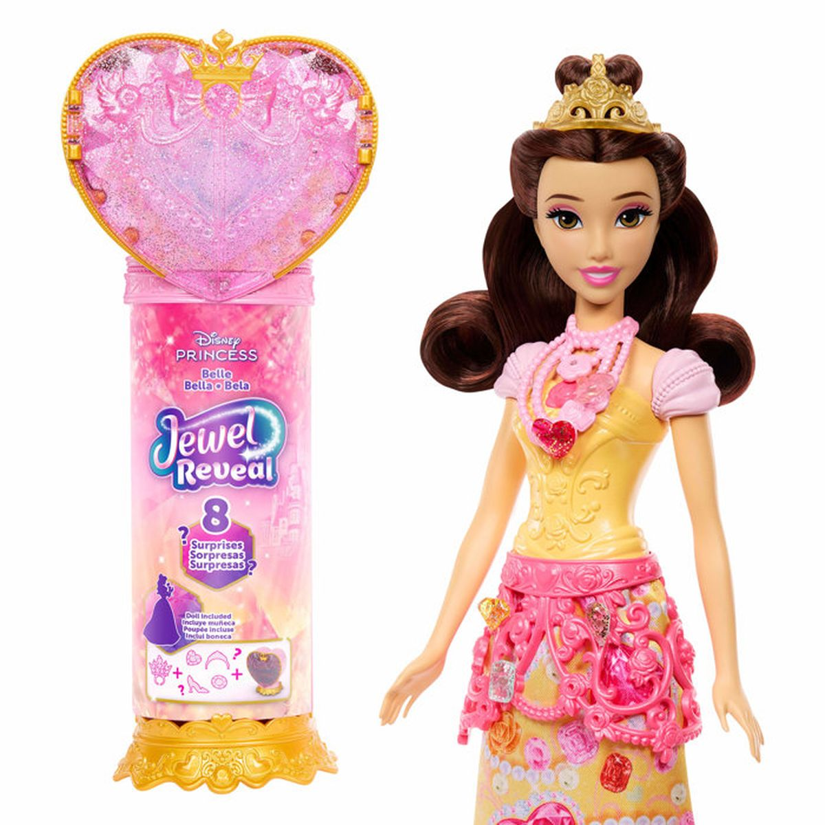 Muñeca Disney Princess Belle con embalaje Jewel Reveal. Base dorada.
