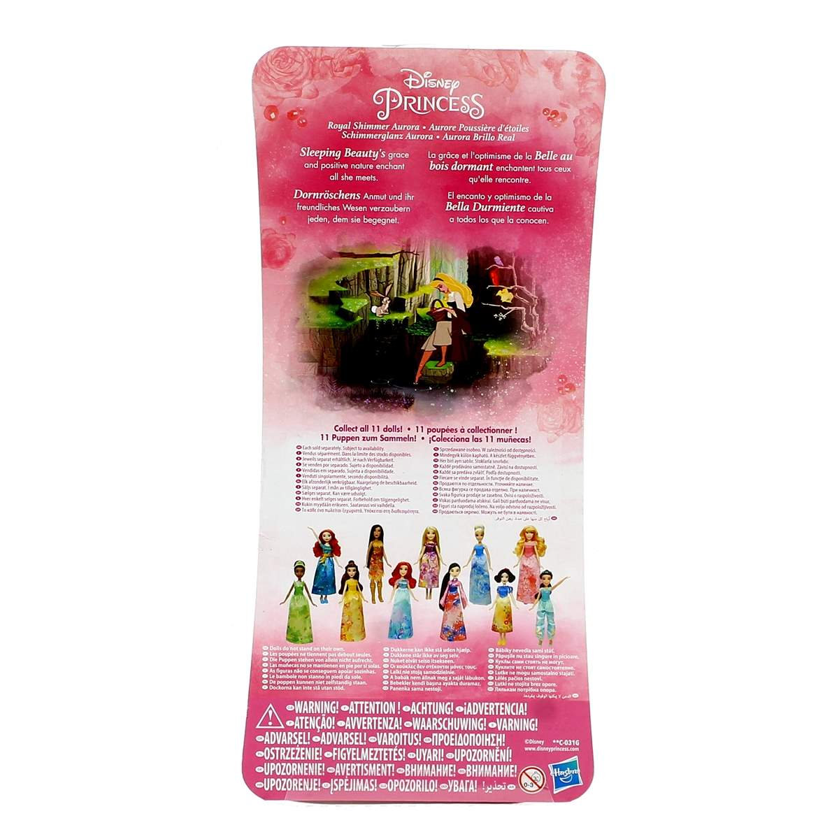 Princesa Disney Aurora con 11 muñecas y avisos de advertencia.