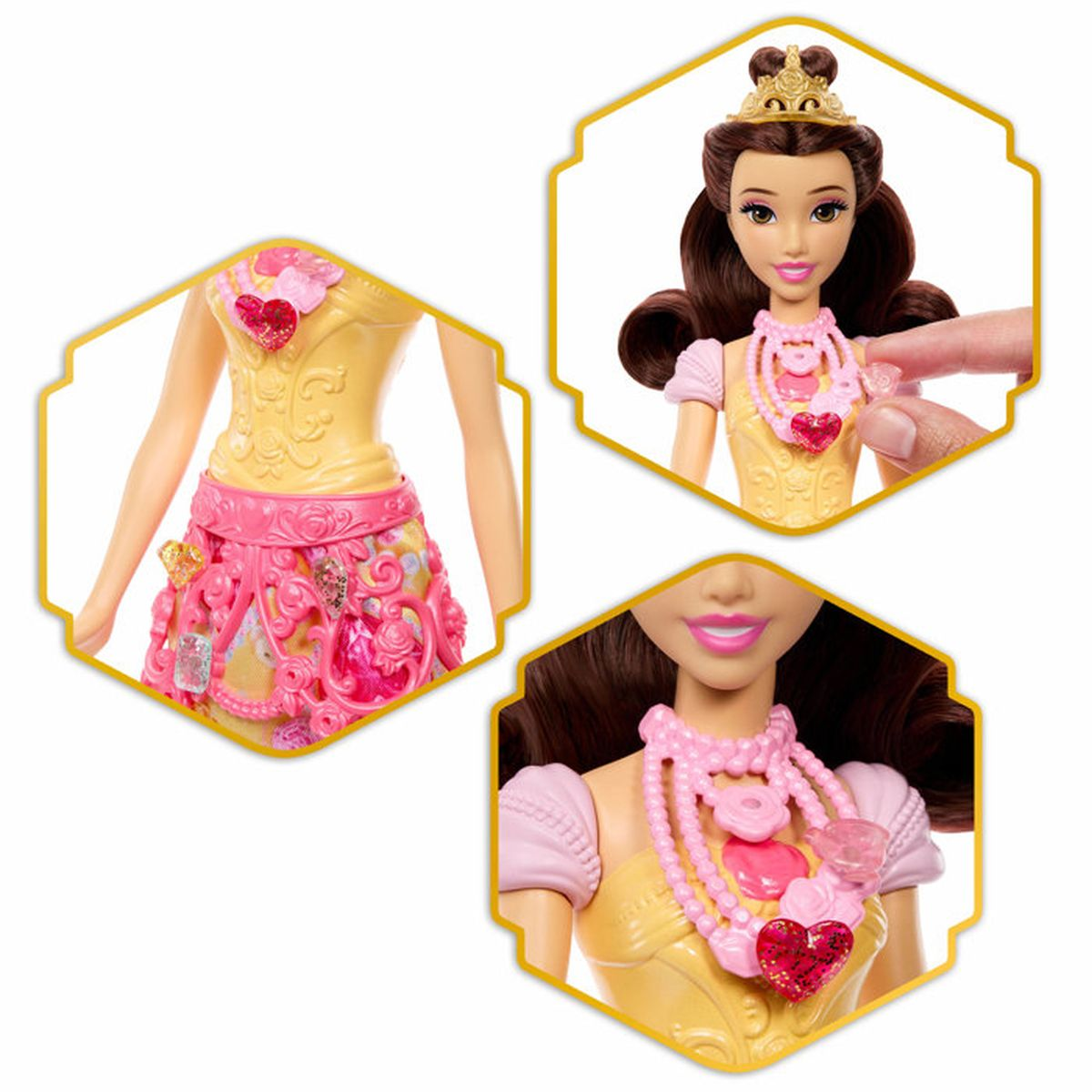 Una muñeca con top amarillo y falda rosa con joyas.