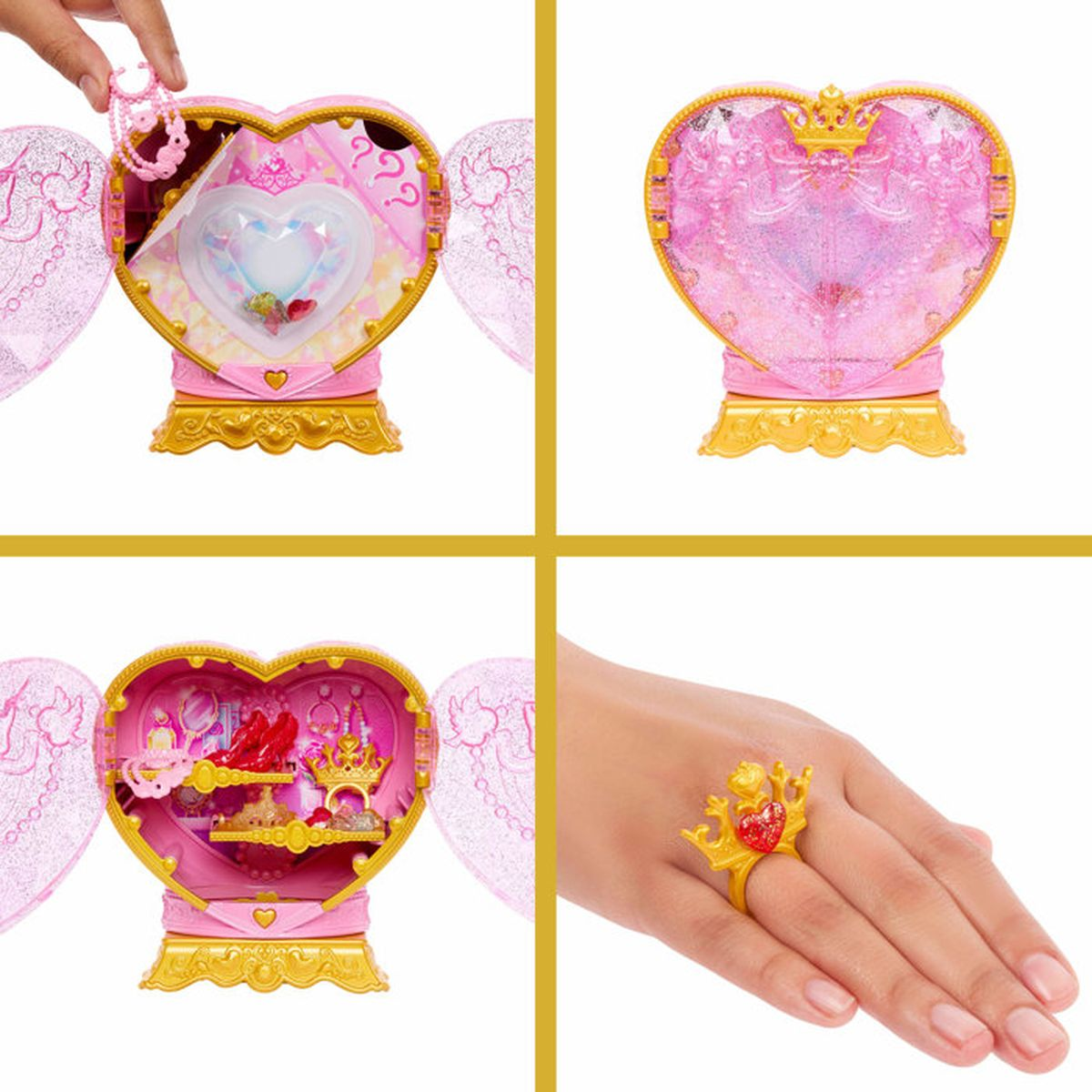 Una caja de joyería en forma de corazón con alas, abierta y cerrada, y un anillo.