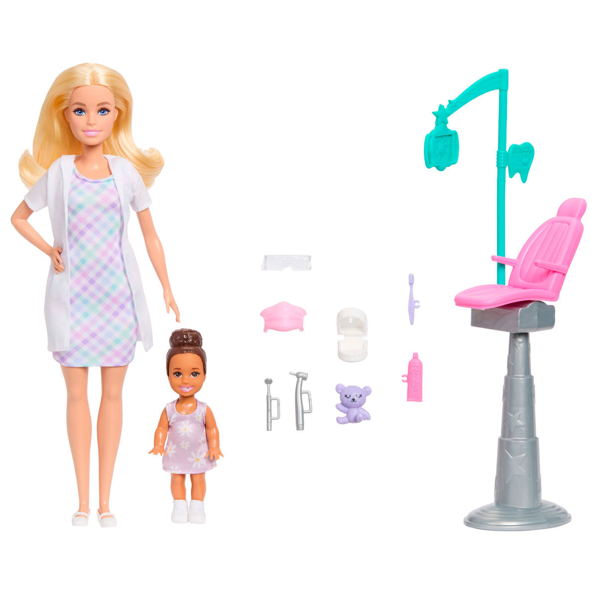 Set de dentista de Barbie con muñecas, silla, herramientas dentales, modelos de dientes y un osito.