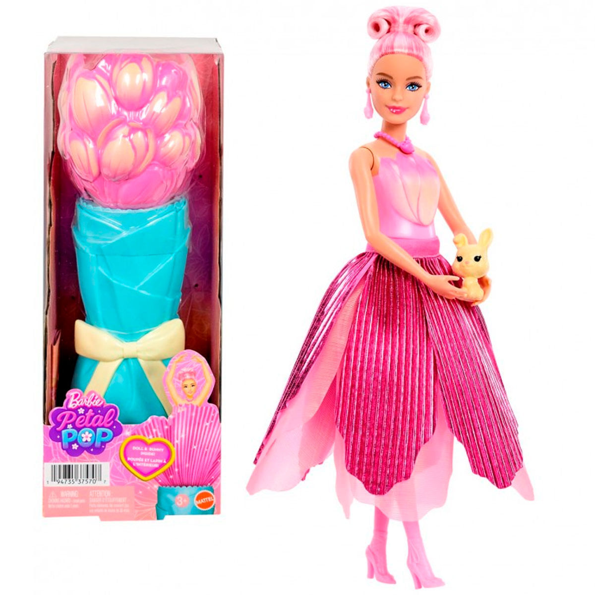 Muñeca Barbie con vestido rosa y conejito amarillo; empaque al lado.