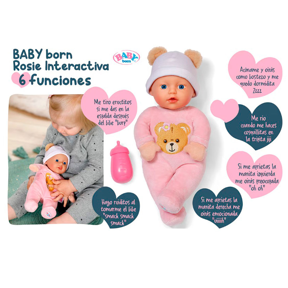 Muñeca bebé en pijama rosa con oso, sujeta por un niño. Funciones interactivas.
