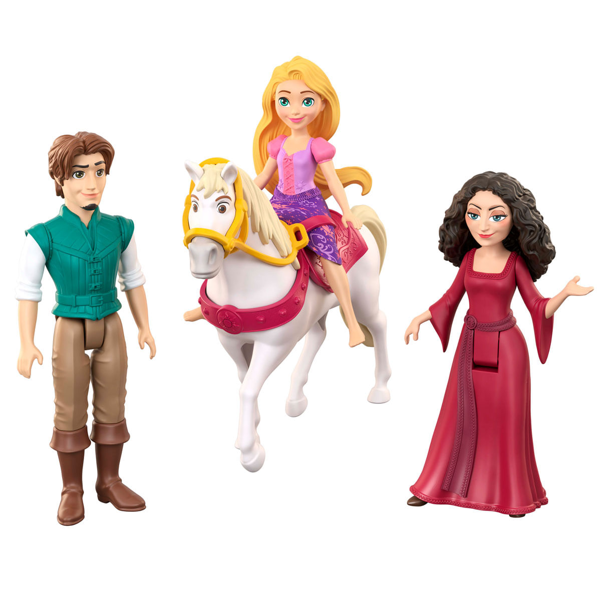 Tres muñecas: Flynn Rider, Rapunzel en un caballo blanco y Madre Gothel.