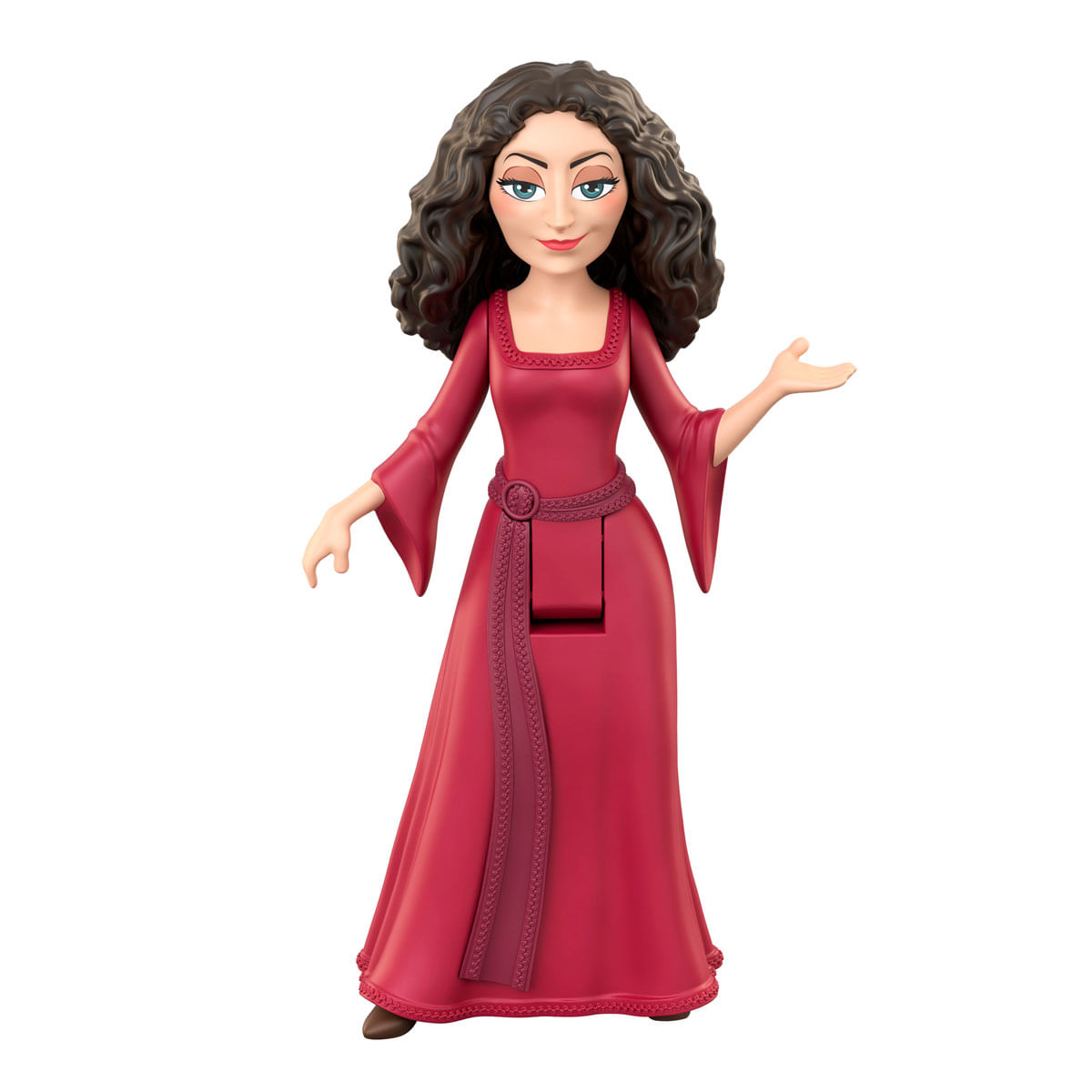 Una figura con vestido rojo, pelo rizado oscuro y ojos azules.