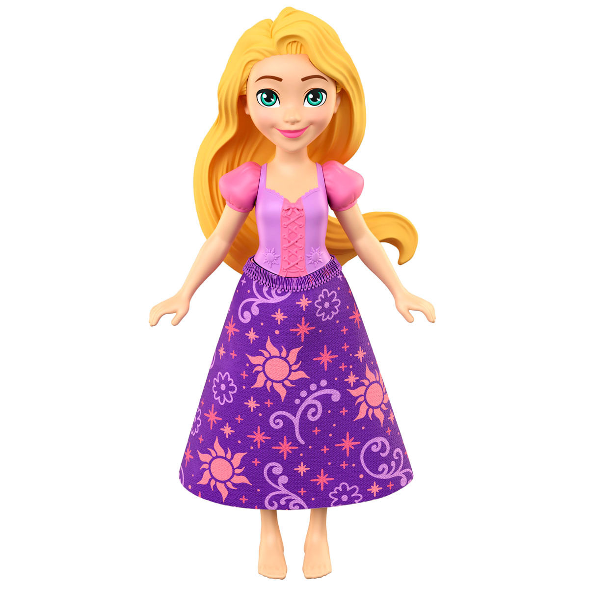Muñeca Rapunzel con pelo rubio largo, vestido morado con estampado de sol.