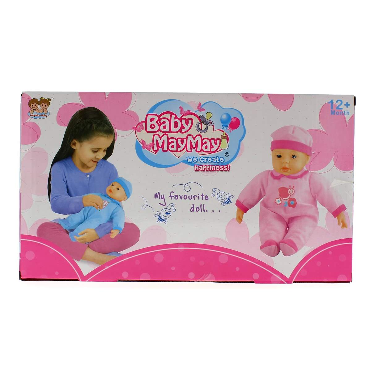 Una niña sostiene una muñeca azul, una muñeca rosa está al lado.