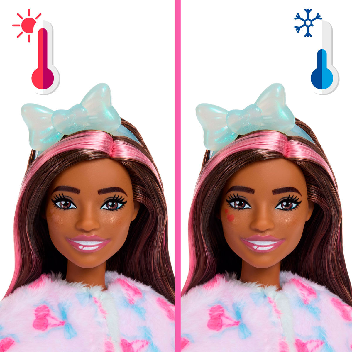 Muñeca Barbie con atuendo rosa/azul, mostrando cambio facial activado por temperatura.