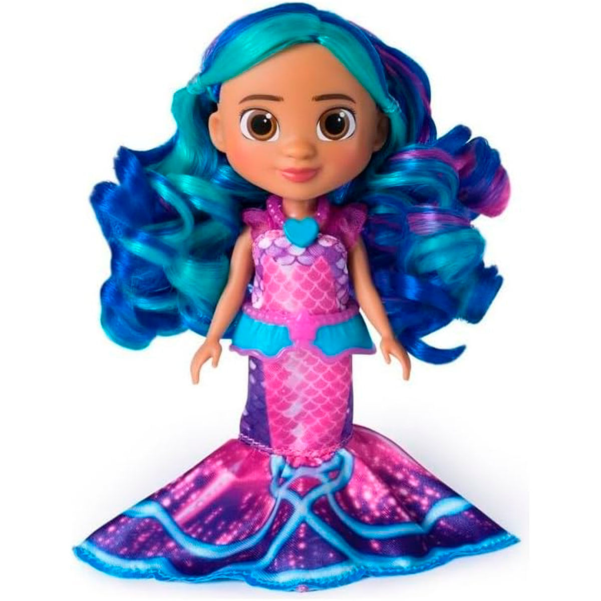 Una muñeca con pelo azul y turquesa, con un vestido rosa de escamas de pez.