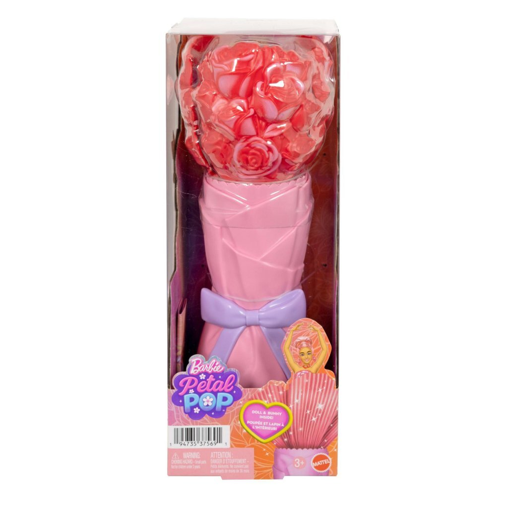 Embalaje de un juguete Barbie Petal Pop con ramo de rosas rojas y envoltorio rosa.