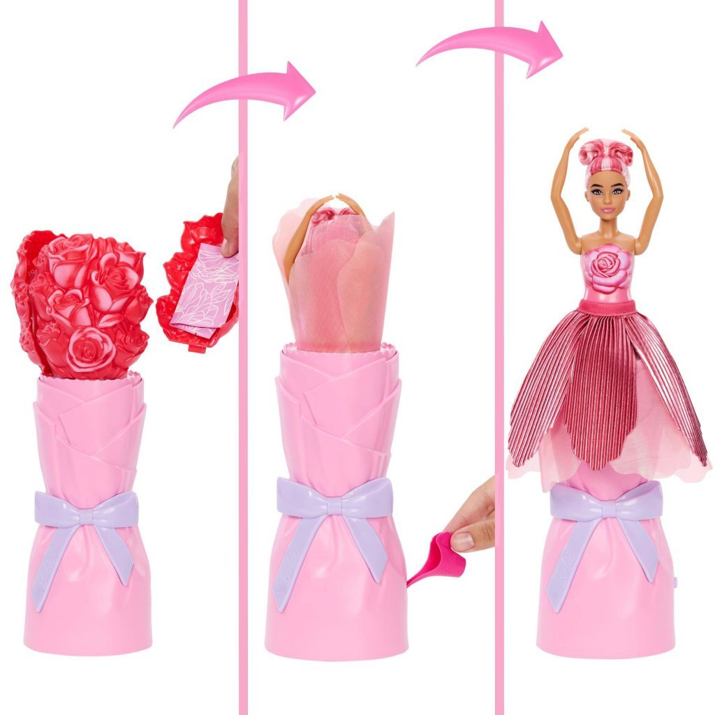 Tres etapas muestran a una muñeca Barbie transformándose de un ramo a una bailarina.
