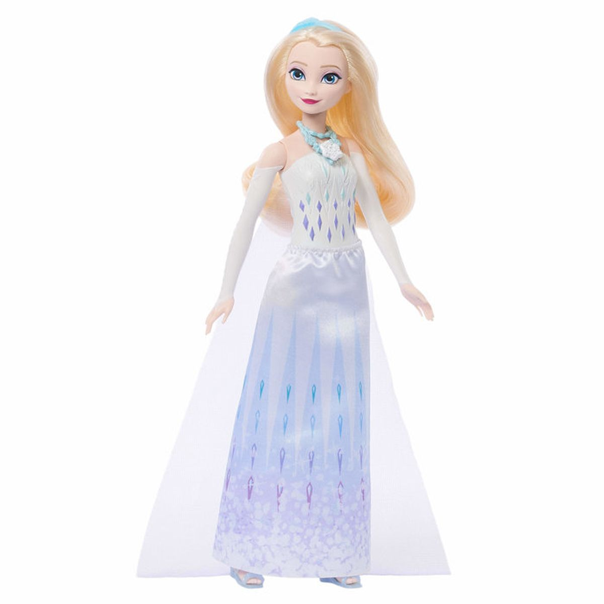 Muñeca Elsa con pelo rubio lleva vestido blanco con cristales de hielo azules y morados.