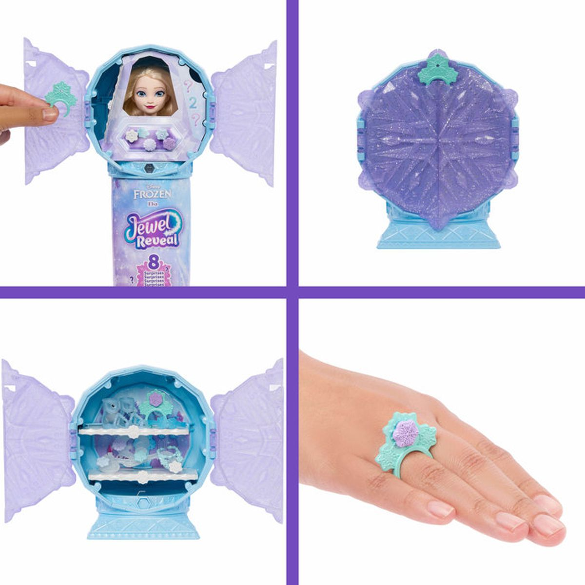 Un juguete de Frozen con muñeca, sorpresas y un anillo.