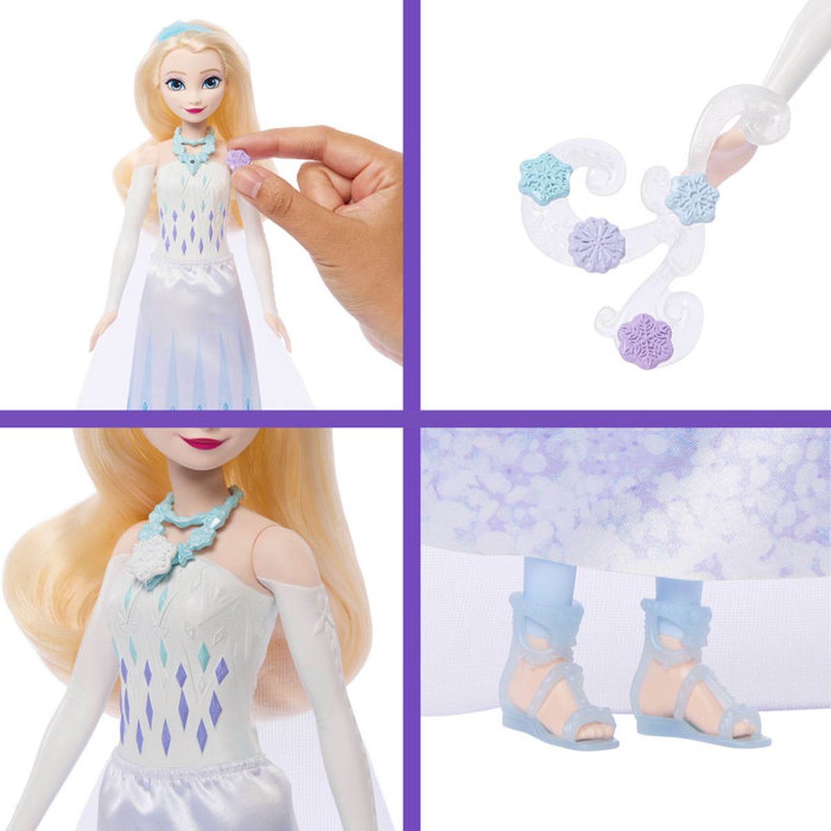 Muñeca Elsa en vestido blanco, mano añadiendo accesorio, varita de hielo, vestido y sandalias.