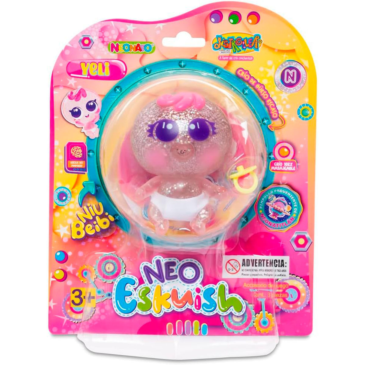 Un personaje brillante de Neo Esküish bebé con pelo rosa y ojos morados, en pañal, en empaque transparente.