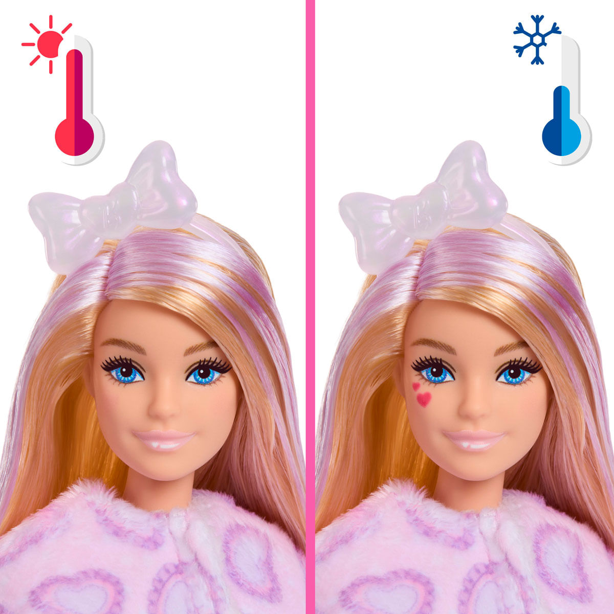 Muñeca Barbie con pelo que cambia de color y tatuaje de corazón, frío/calor.