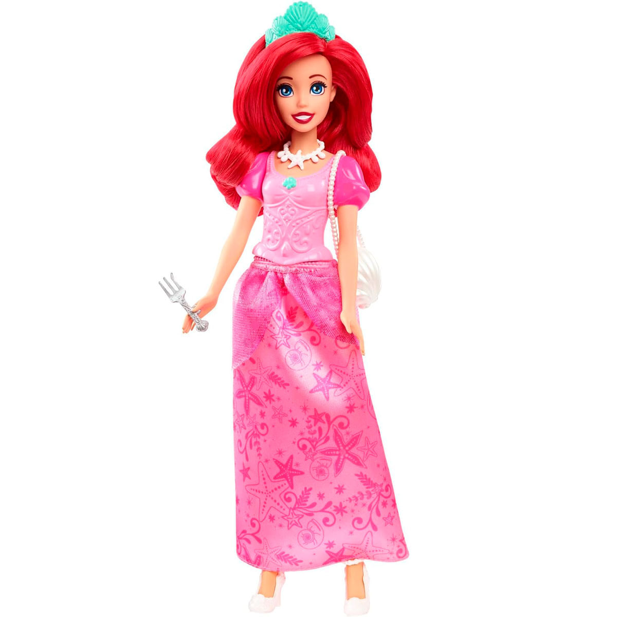 Muñeca Ariel con pelo rojo, tiara, vestido rosa y un tenedor.