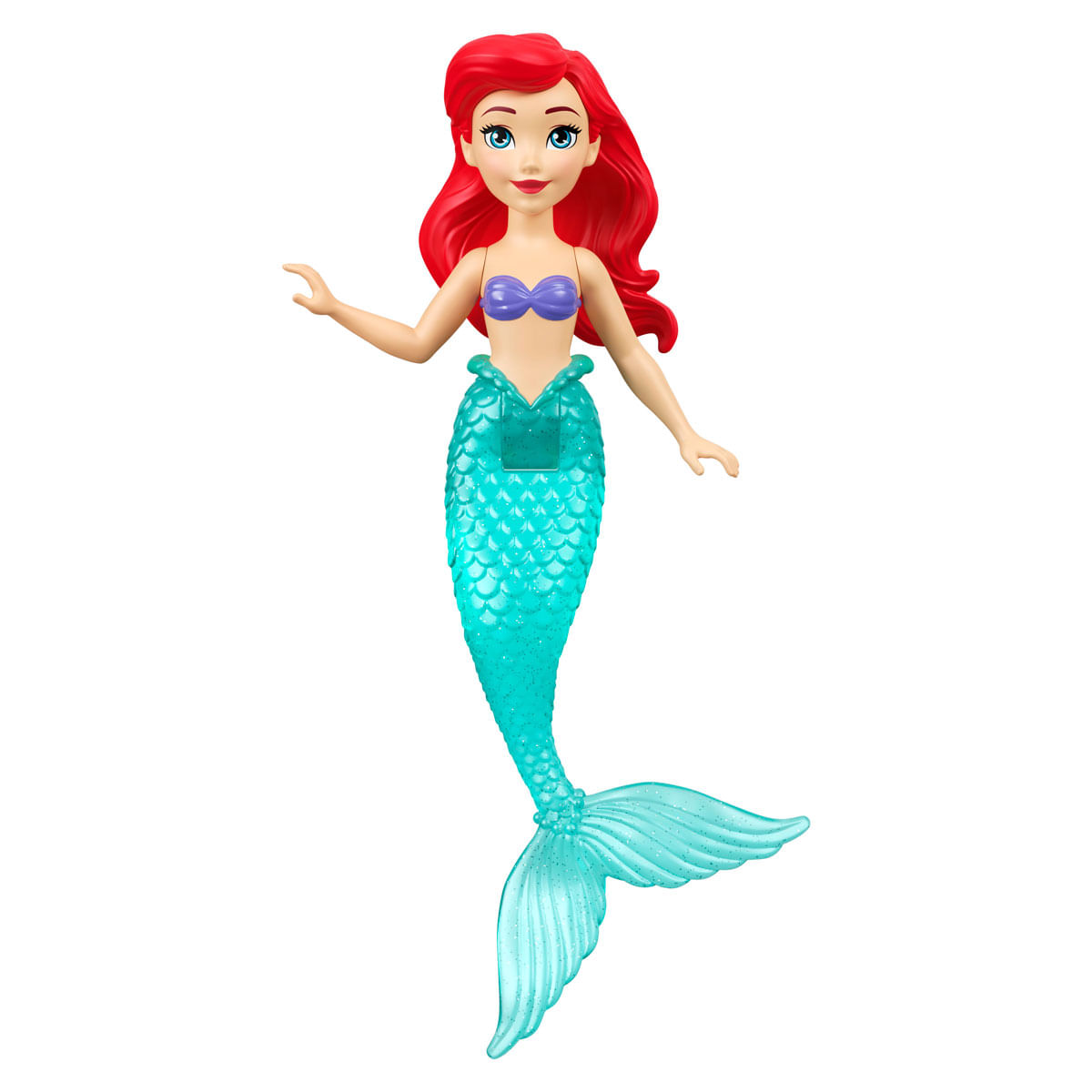 Una muñeca sirena con pelo rojo, top de concha morado y cola de escamas turquesa.