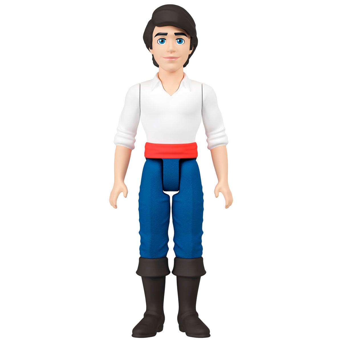 Una figura de juguete de un príncipe con camisa blanca, pantalones azules, fajín rojo y botas negras.