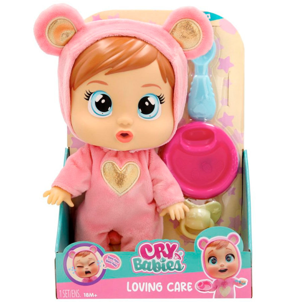 Una muñeca de peluche rosa con capucha de osito y detalle de corazón.