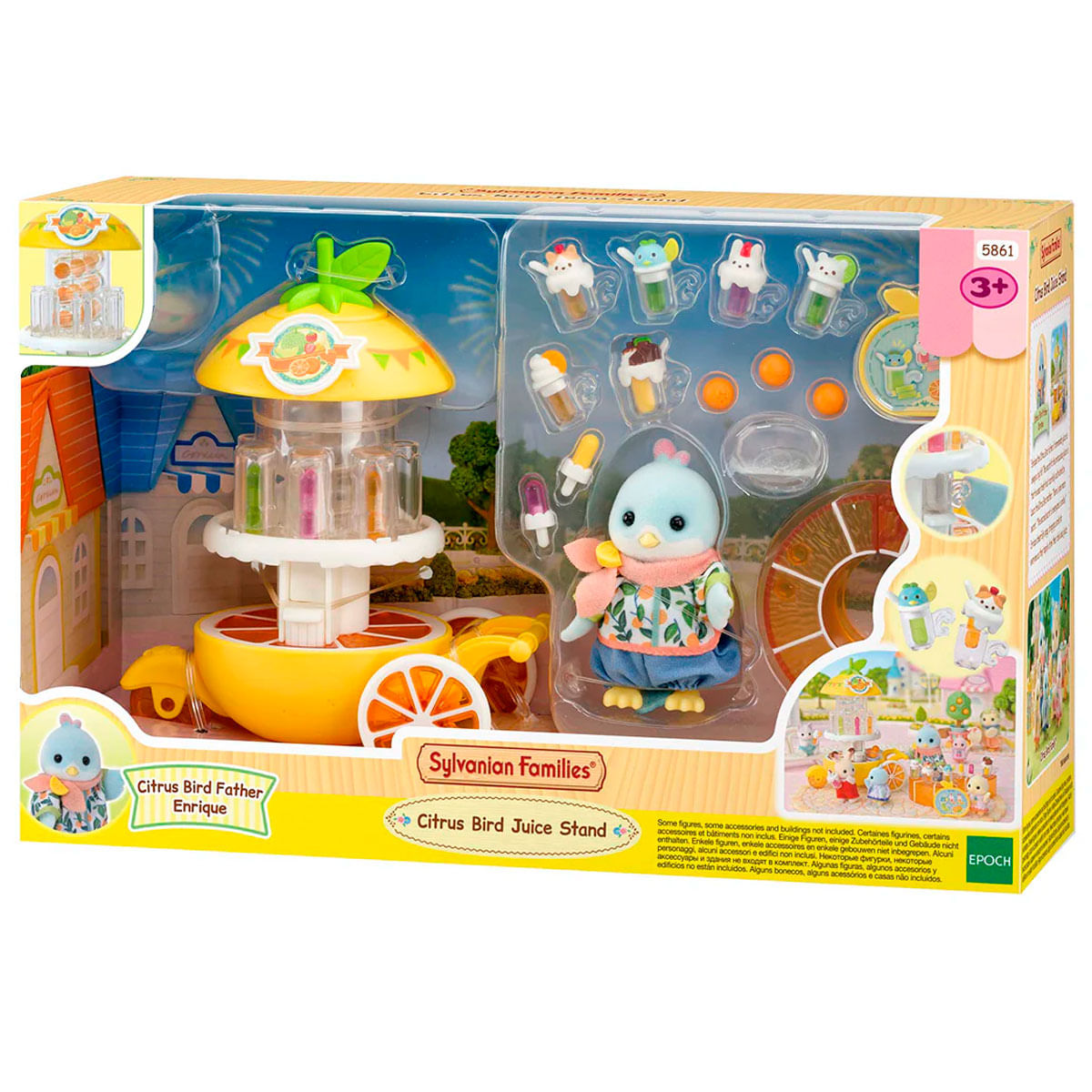 Juguete Sylvanian Families de Puesto de Jugos de Cítricos con figura y frutas.
