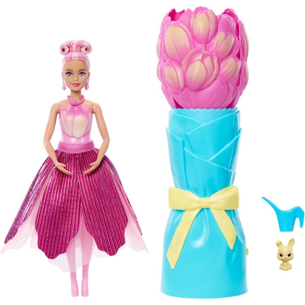 Muñeca Barbie con vestido de flor rosa junto a ramo y accesorios.