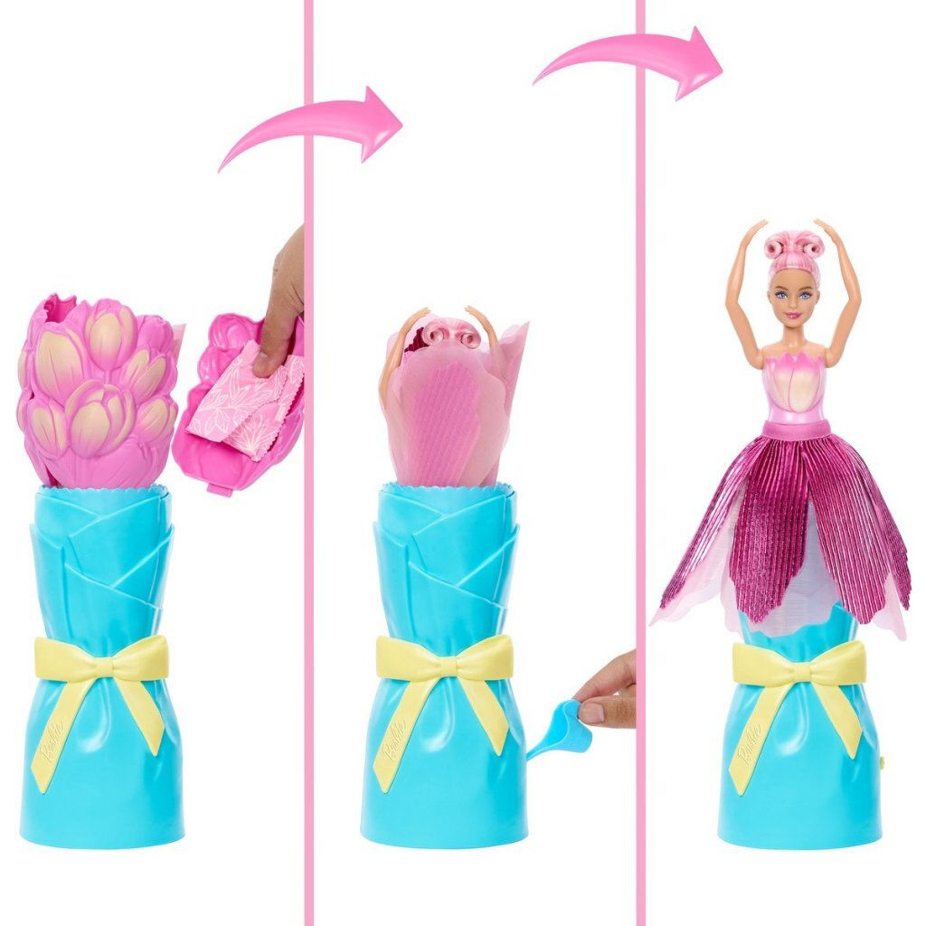 Tres pasos mostrando a Barbie transformándose en un vestido de flor con un soporte azul.