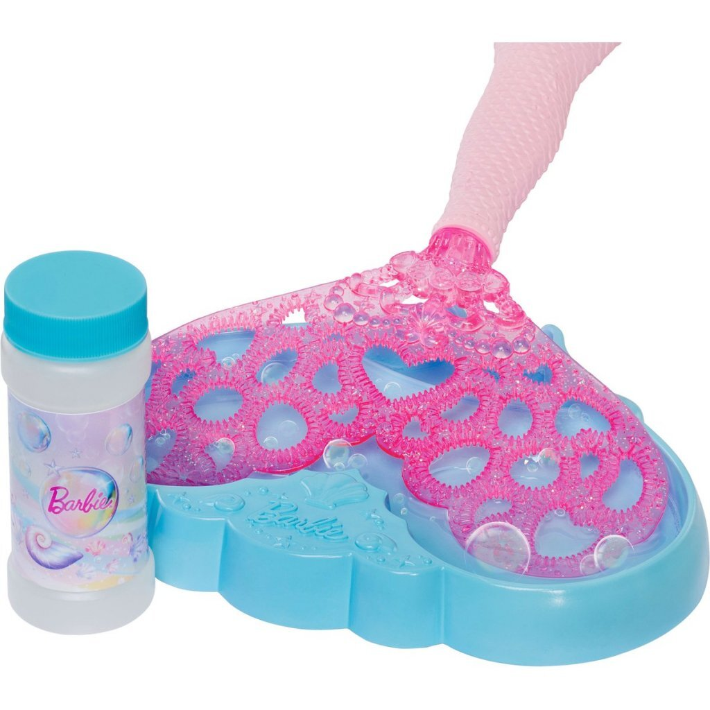 Una máquina de burbujas Barbie con base azul y varita rosa.