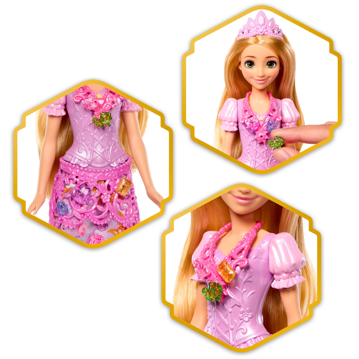 Muñeca Rapunzel con vestido morado, joyas y tiara.