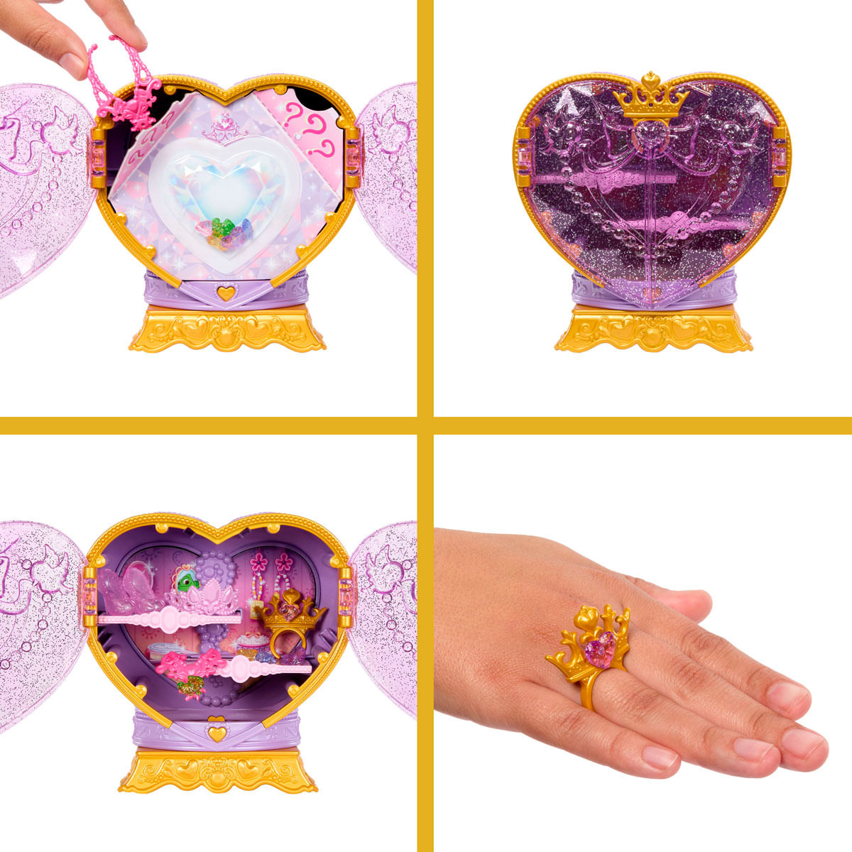 Colage de cuatro imágenes que muestran un estuche de juguete en forma de corazón, su interior y un anillo en una mano.