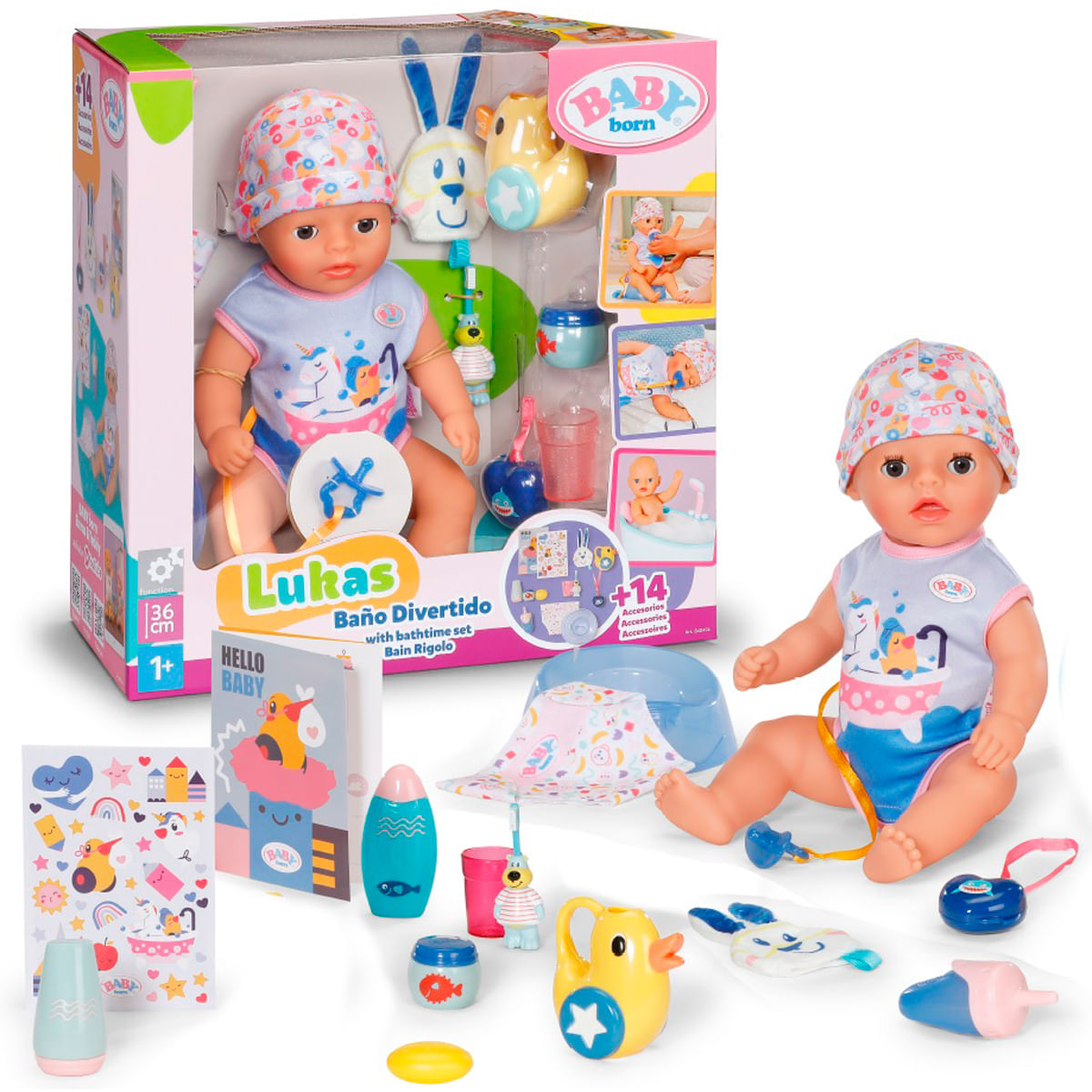 Muñeca Baby Born Lukas con set de baño en caja y al lado.