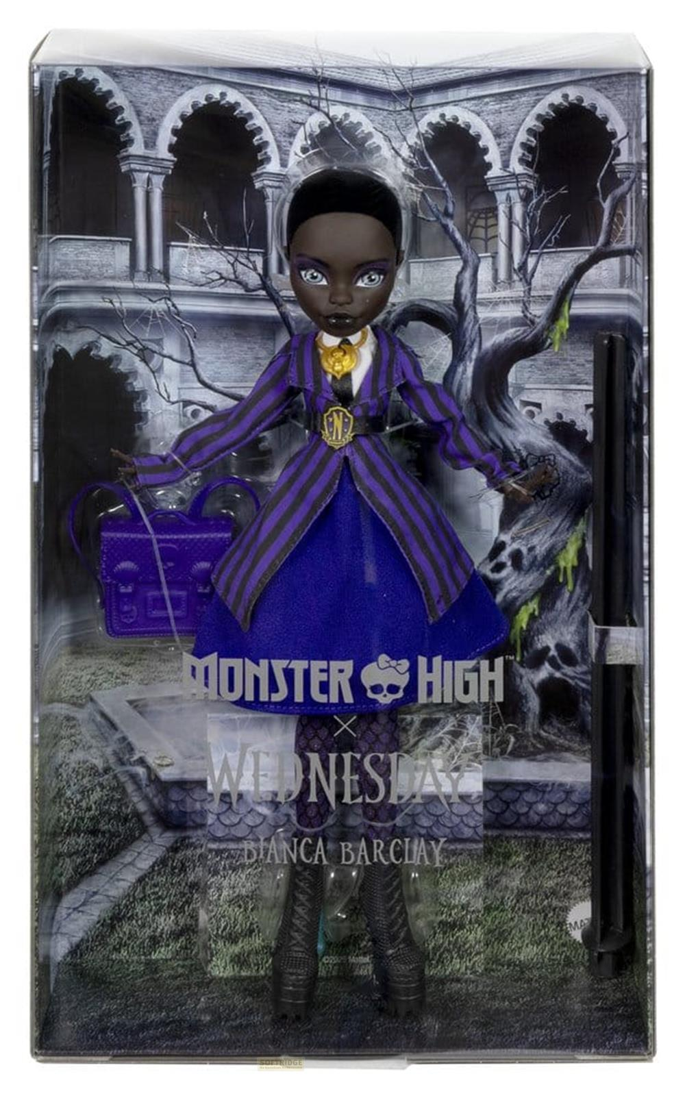 Muñeca Monster High Bianca Barclay con traje a rayas moradas y falda azul.