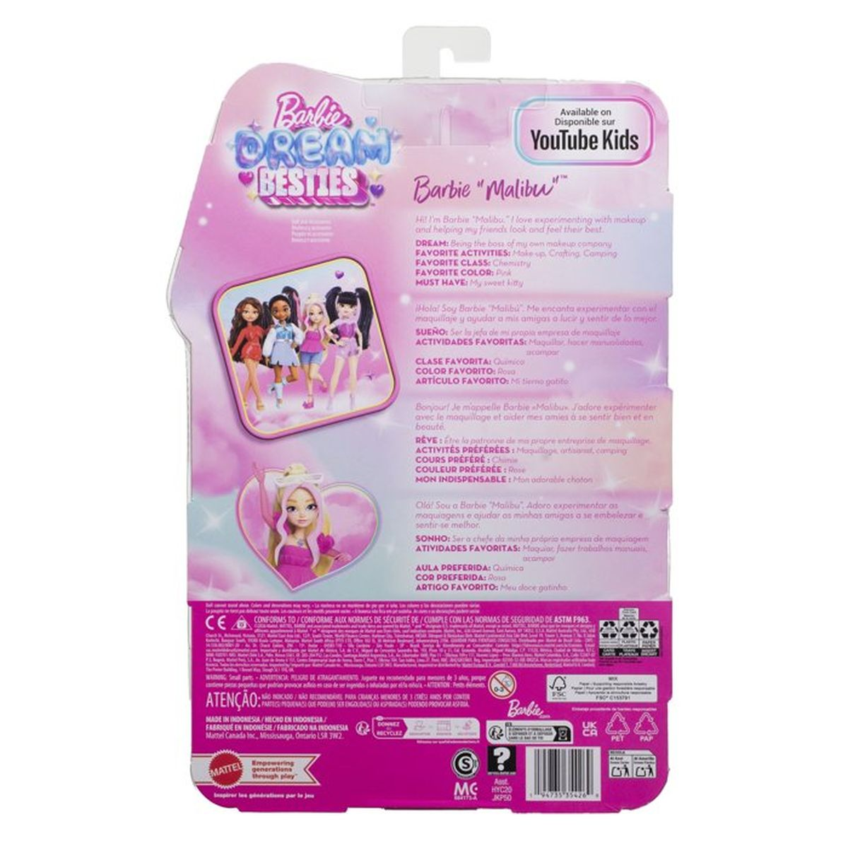 Embalaje de Barbie "Dream Besties" con muñecas Barbie Malibu y texto en varios idiomas.