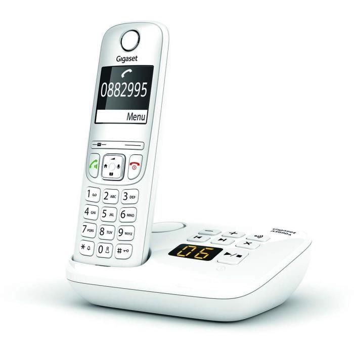 Un telefono cordless bianco Gigaset con identificativo del chiamante e tastiera.