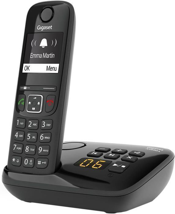Un telefono cordless nero Gigaset con display che mostra 