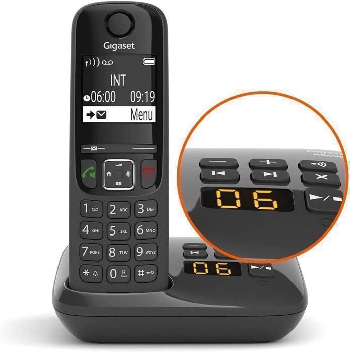 Un telefono cordless nero con tastiera e display retroilluminati.