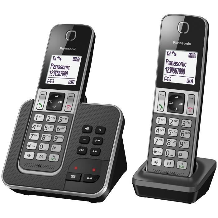 Zwei Panasonic-Schnurlostelefone, eines auf einer Basisstation, das andere in einer Ladeschale.