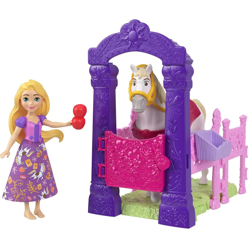 Una muñeca de pelo rubio y un caballo blanco en un arco morado.
