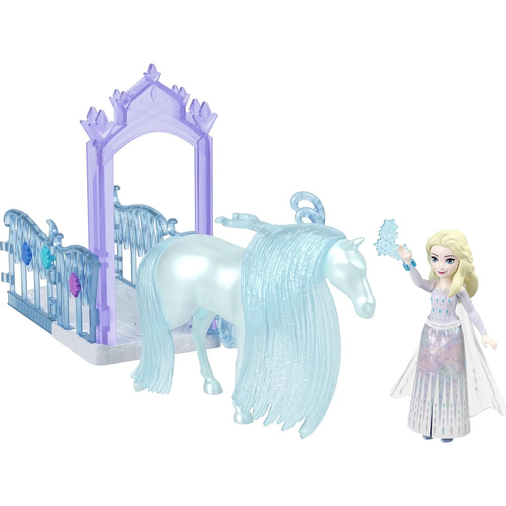 Muñeca Elsa con un caballo azul hielo y un arco morado.
