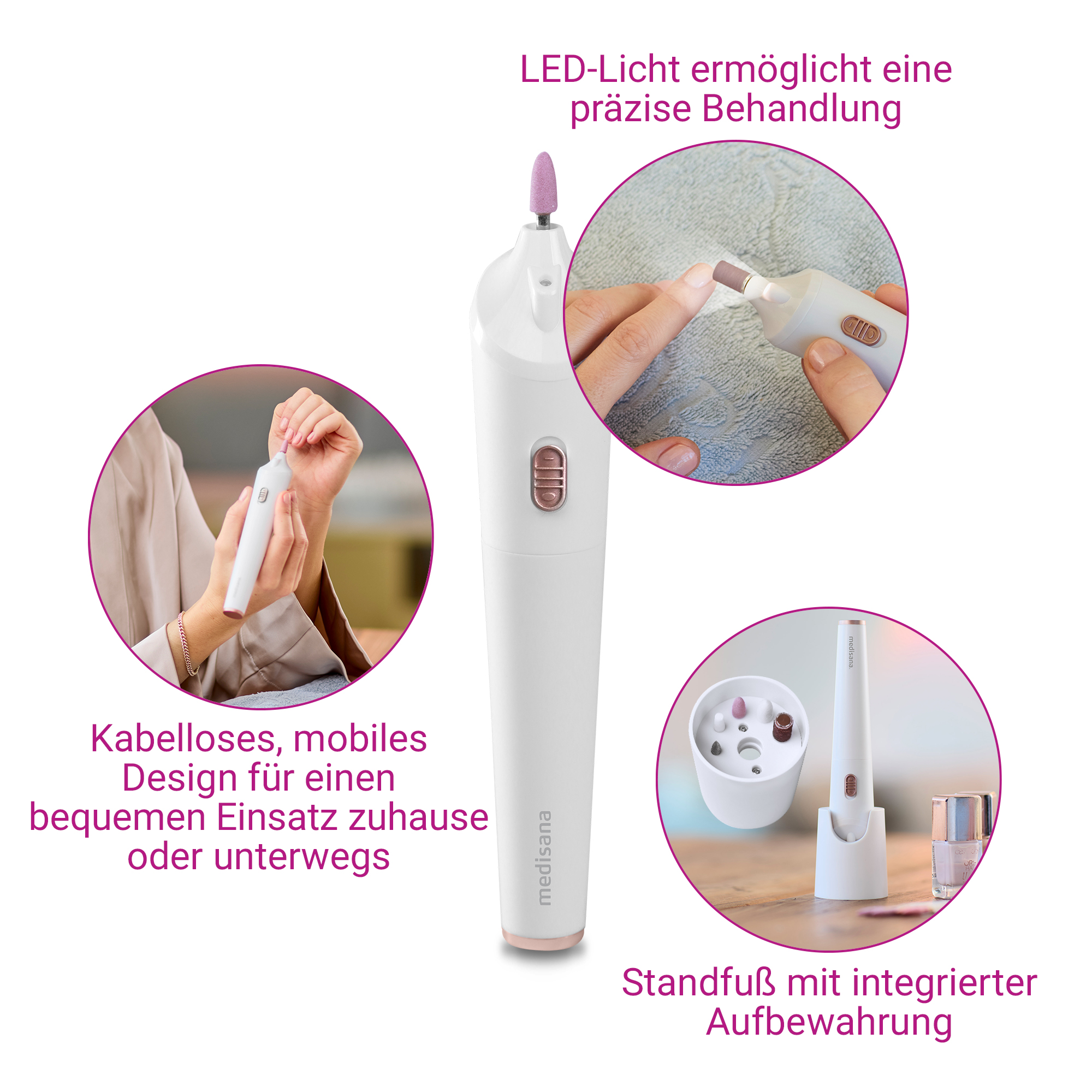 Ein weißes Maniküre-Set mit Aufsätzen, Ladebasis und Nagellack.