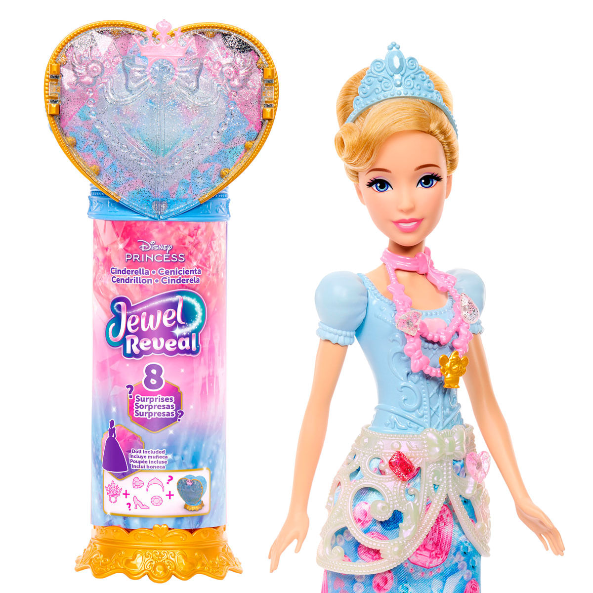 Muñeca Cenicienta con tubo Revelación de Joyas y joyero en forma de corazón.