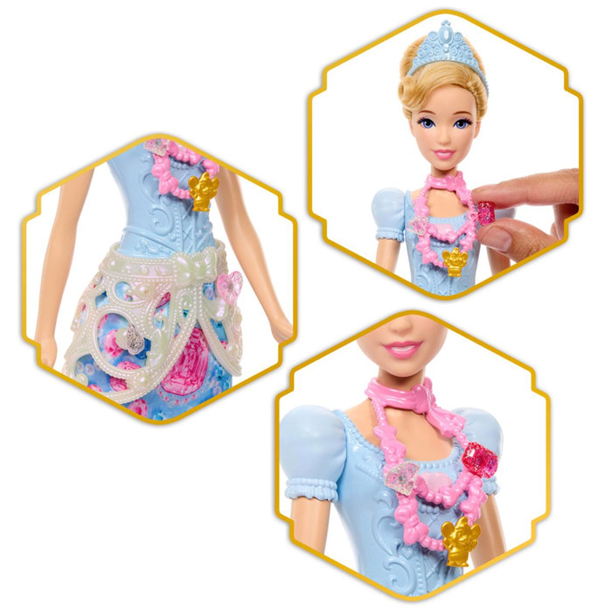 Una muñeca con vestido azul y collar rosa.