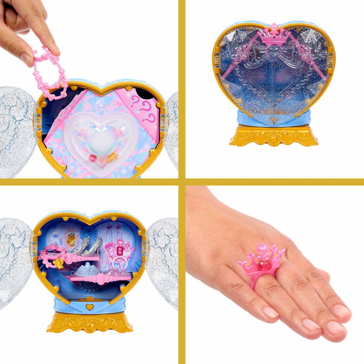 Juguete en forma de corazón con alas: abierto, cerrado, interior y un anillo.