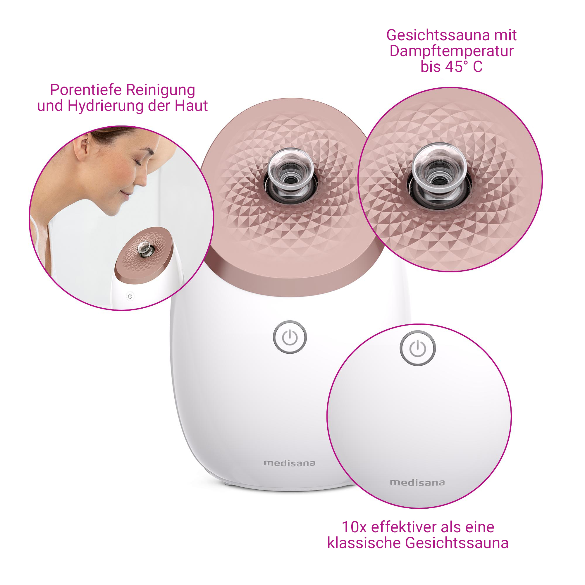Vapeur faciale blanche avec couvercle rose et sortie de vapeur.